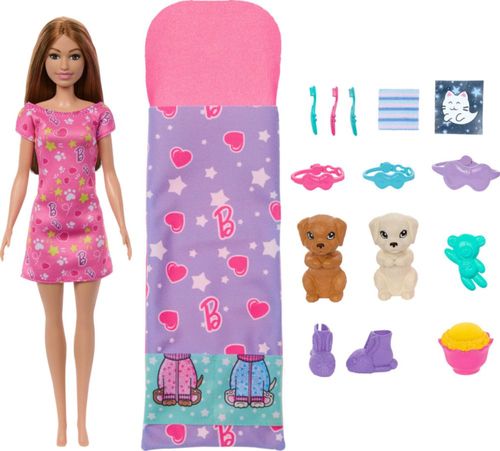 Muñeca Barbie y set de juego con 2 figuras de perros de juguete y más de 10 accesorios, fiesta de pijamas de cachorros con funci