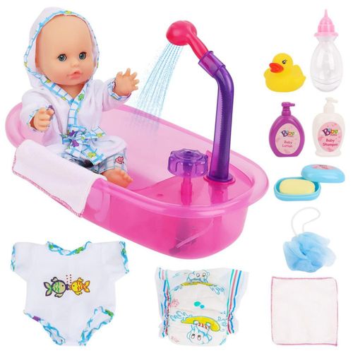 deAO - Juego de baño para muñecas (11 piezas) con bañera funcional y ducha desmontable, ideal para niños de 3 años o más.