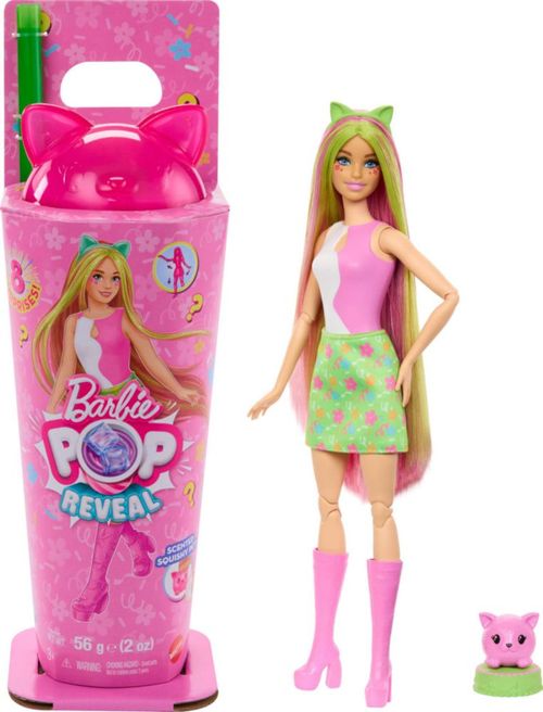 Barbie Pop Reveal Series - Muñeca y accesorios, serie Shakes, gatito perfumado y mascota, 8 sorpresas que incluyen cambio de col