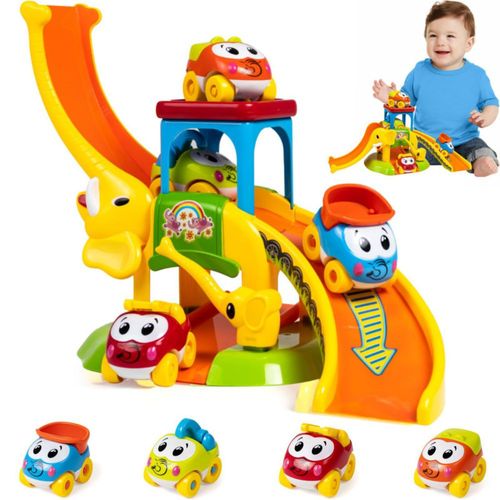 Juguetes Marstone para niños de 1 a 2 años: Tobogán educativo con forma de elefante y 4 coches de animales para bebés de 12 a 18