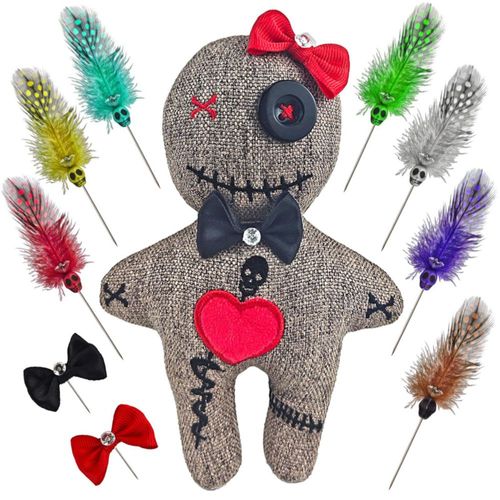 Muñeco vudú PapaLegba con 9 alfileres de calavera con plumas reales: aprovecha el poder de las maldiciones para aliviar el estré