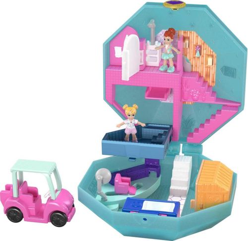 Set de juego Polly Pocket, juguete de viaje con 2 micromuñecas, coche de juguete y accesorios sorpresa, Pamperin Perfume Spa Com