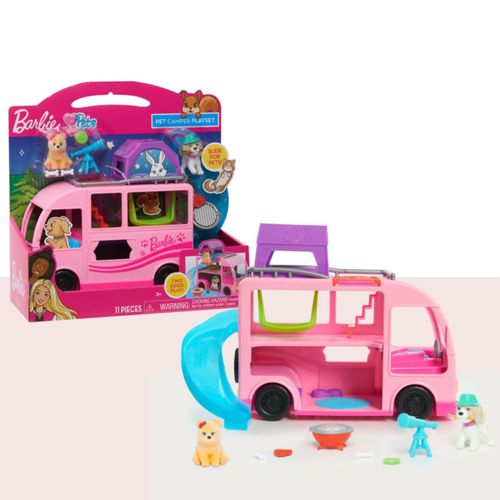 Barbie Pet Camper Playset con par de figuras de mascotas de 1,5 pulgadas, 11 piezas, figuras de juguete y juego, juguetes para n