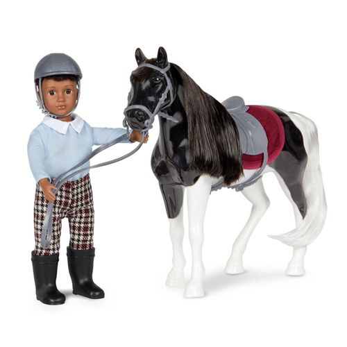 Lori – Muñeca Mini Boy y Caballo de Juguete – Muñeca de 15 cm y Caballo Pinto Negro – Conjunto con Ropa, Animal y Accesorios – J
