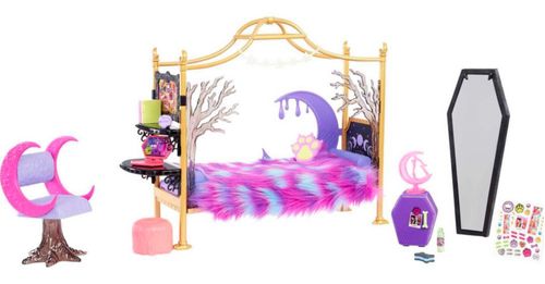 Juego de Monster High, dormitorio de Clawdeen Wolf con muebles de casa de muñecas y accesorios de juguete como decoración espelu