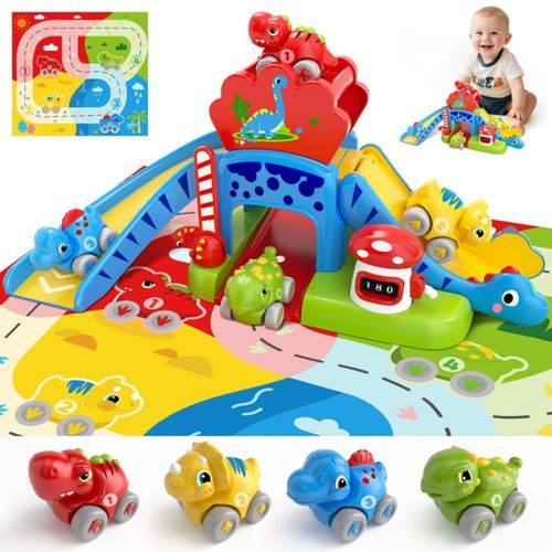 Juguetes para niños de 1 a 2 años: juego educativo de dinosaurios con tobogán, 4 coches de empuje de colores y números y tapete