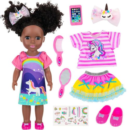 Muñeca negra Ecore Fun de 35 cm con ropa negra y accesorios: vestido, top, falda, zapatos, peine, espejo, horquilla, teléfono y