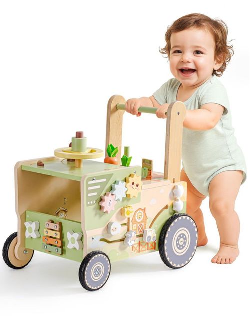 ROBOTIME Andador de madera para bebés, juguete para empujar para niños pequeños, andador con ruedas, centro de actividades con t