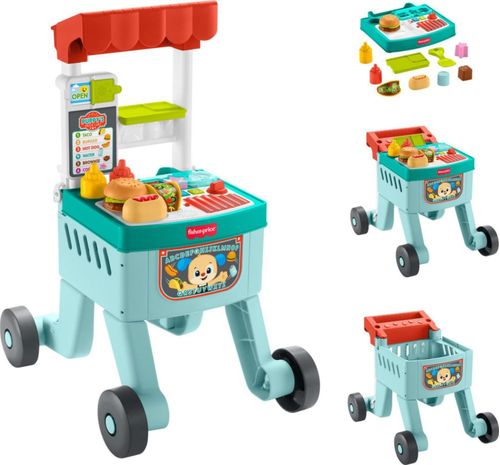 Andador de juguete para bebé Fisher-Price 4 en 1 con carrito para refrigerios, actividad de aprendizaje, 14 piezas para juego de