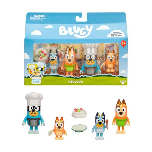 Juego de 4 figuras de juguete Bluey, Let's Play Chef Pavlova, set de juguetes para niños pequeños con accesorios de chef, figura