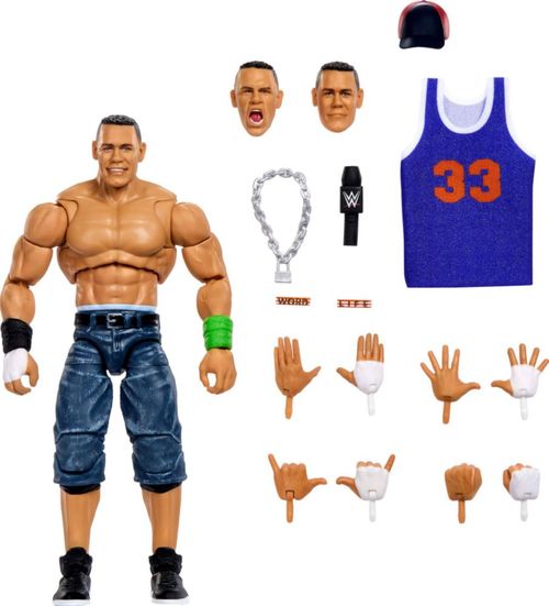 Figura de acción de John Cena de 15 cm y accesorios Mattel WWE Ultimate Edition, más de 10 piezas. Incluye cabezas y manos inter