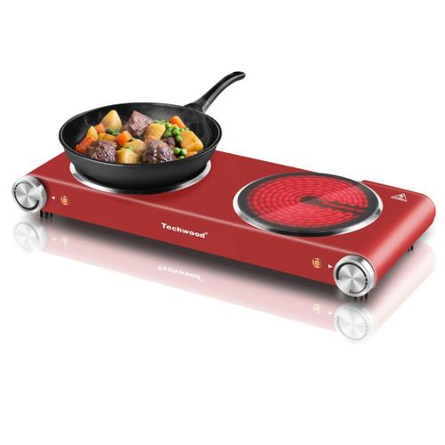 Placa calefactora Techwood de 1800 W, doble quemador, placa vitrocerámica infrarroja, color rojo, acero inoxidable cepillado, ve