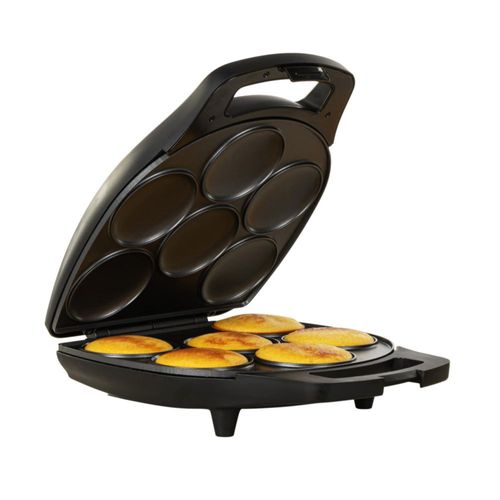 Máquina multiusos antiadherente Holstein Housewares de 6 secciones: arepas, mini panqueques, tortas de maíz y más, 6 piezas, neg