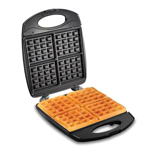 Máquina para hacer wafles belgas antiadherente Hamilton Beach con luces indicadoras. Prepara 4 mini waffles de 10 x 13 cm, papas