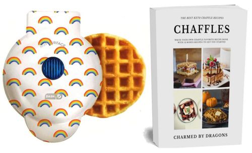 Mini waflera Dash de 10 cm con el mejor libro de recetas de chaffles keto y diario de Charmed By Dragons (mini arcoíris de 10 cm