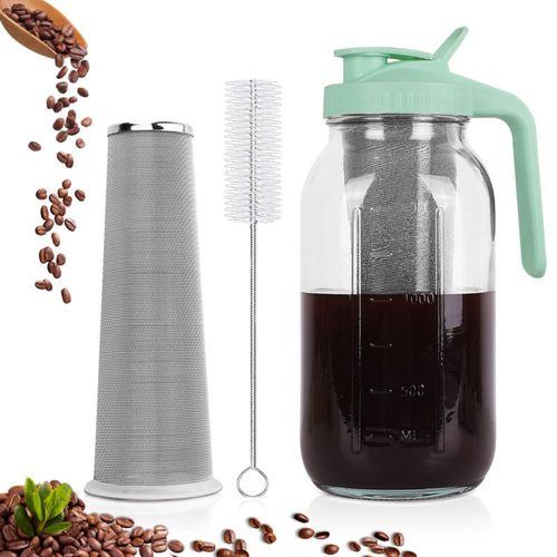 Cafetera de café frío, jarra de boca ancha de 64 oz con filtro de acero inoxidable, tapa con asa y pico vertedor, jarra de vidri