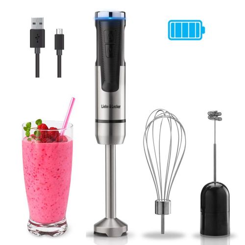 Licuadora de mano inalámbrica Liebe&Lecker, 3 en 1, 8 velocidades, con batidor y espumador de leche para sopas y batidos.