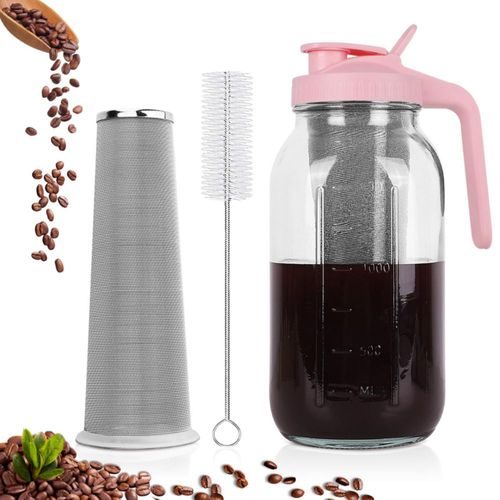 Cafetera de café frío, jarra de boca ancha de 64 oz con filtro de acero inoxidable, tapa con asa y pico vertedor, jarra de vidri