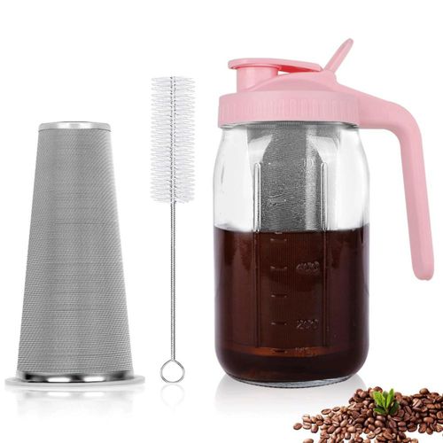 Cafetera de café frío, jarra Mason Jar de 32 oz con filtro de acero inoxidable, tapa con asa y pico vertedor, jarra de vidrio re