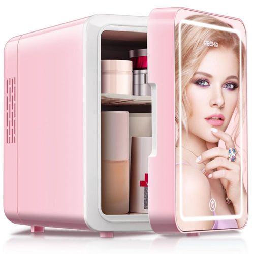 Mini refrigerador para cosméticos, maquillaje de 6 L con espejo con luz LED regulable para dormitorio, coche, oficina y dormitor