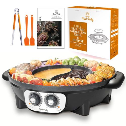 Parrilla eléctrica 2 en 1 sin humo para fiestas de comida, olla caliente y parrilla coreana, 110 V, 1700 W