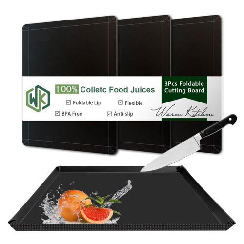 Tablas de cortar de plástico flexible WK con borde, juego de 3 tablas de cortar plegables para cocina, tablas de cortar negras p