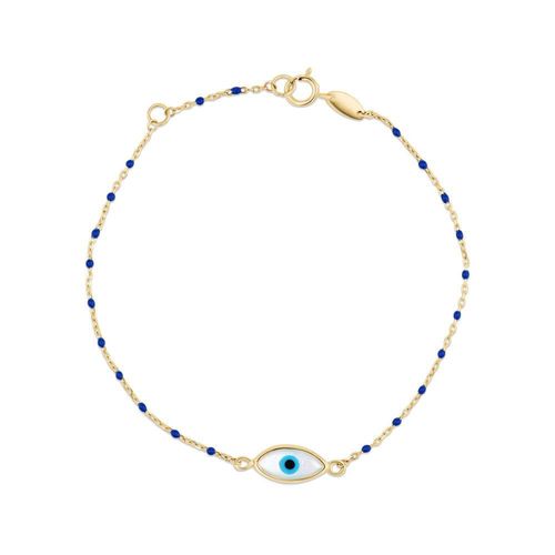 PULSERA DE ORO AMARILLO 14K CON OJOR TURCO Y BOLITAS AZULES (18.5CM APROX.)