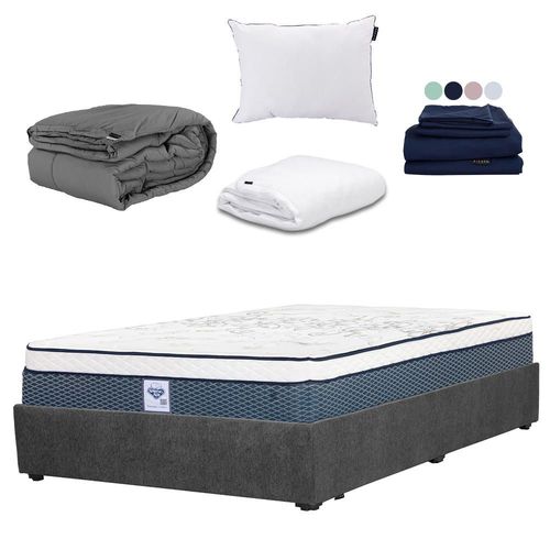 Colchón Matrimonial Spring Air Cantabria Gris+ Base Cama+ Almohada One+ Protector Cloud+ Sabanas Softy+ Edredon Homy RGH