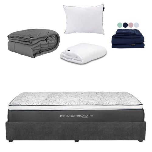 Colchón King Size Restonic Trini Gris+ Base Cama+ Almohada One+ Protector Cloud+ Sabanas Softy+ Edredon Homy RGH