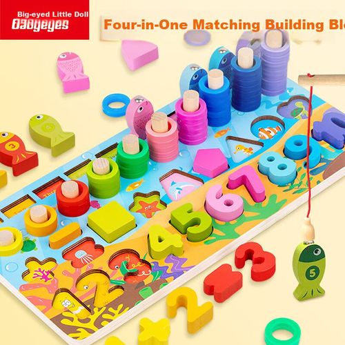 Tablero educativo MUÑECA PEQUEÑA DE OJOS GRANDES 4 en 1 de madera para niños