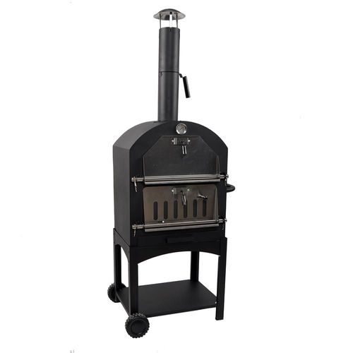 Ilios Innova | Horno Vesuv para Pizza de Carbón y Leña, con Piedra Cordierita, Termómetro y Chimenea, Asador Ahumador de Acero con Ruedas y Parrilla