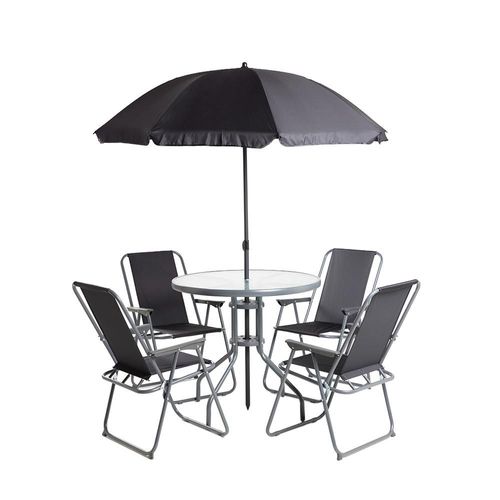 Ilios Innova | Comedor de Exterior Jardín 6 Piezas Mesa Vidrio Templado 4 Sillas Plegables Textileno y Sombrilla Resistente Set Muebles Color Negro