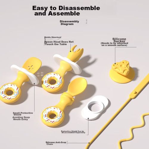 Juego de Tenedor y Cuchara Silicona DOCTOR MA Sweet Donut Amarillo para bebé