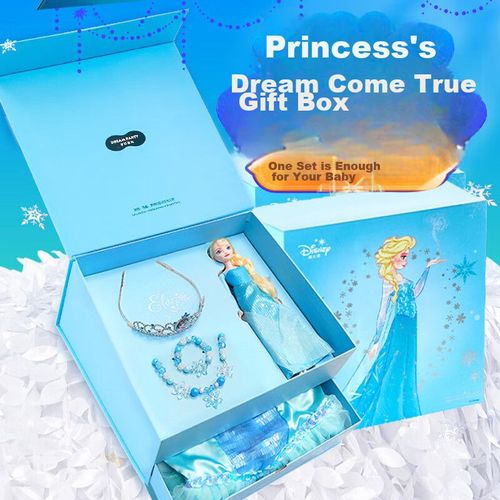 Set De Regalo Disney Elsa Frozen Disfraz Muñeca Corona Collar Pulsera