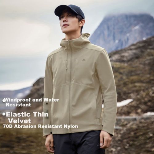 Chamarra Softshell Pioneer Camp con gorro Nylon Caqui para hombre