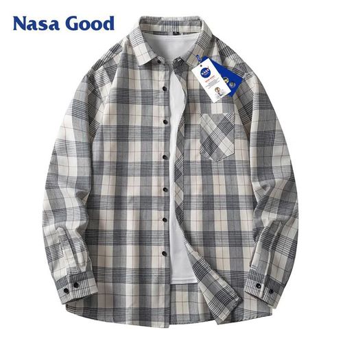 Camisa NASA GOOD manga larga a cuadros negro para hombre