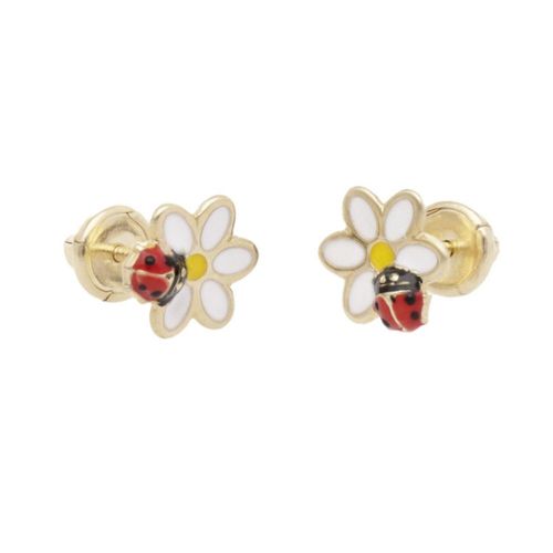 Broqueles de Flor en Oro 10K con Mariquita PRB-91-A