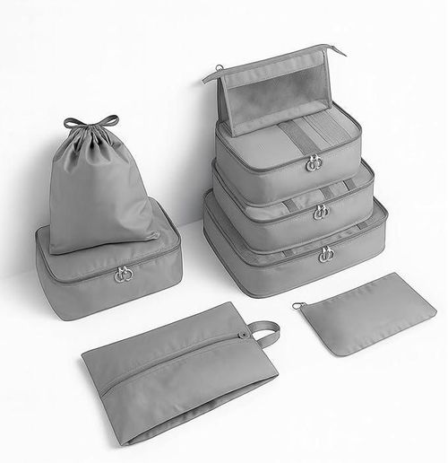 Bluelander Juego de 8 Bolsas de Viaje, Kit de Viaje Organizador Impermeable, Ropa, Zapatos, Lavandería y Cosméticos, (Gris)