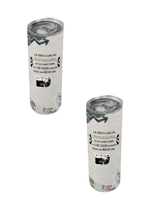 Duo de termos 590 ml. diseño divertido La vida es como una fotografia asi que sonrie siempre, y si las cosas salen mal intenta una nueva toma.