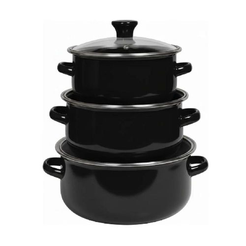 Juego De 3 Ollas De Peltre Con Tapa De Cristal Tradicional Negro