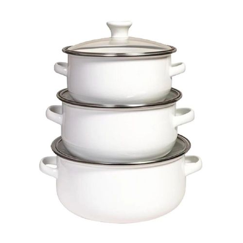 Juego De 3 Ollas De Peltre Con Tapa De Cristal Tradicional Blanco