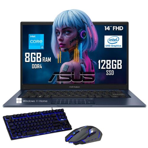 Laptop Asus Vivobook Intel Core i3-1315u 8GB RAM 128GB SSD 14" Windows 11 con Teclado y Mouse
