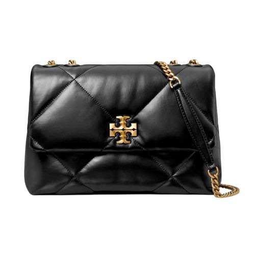 Bolsa Crossbody Tory Burch color negro con doble asa dorada desmontable y ajustable, cierre de broche y bolsa interna con cremallera