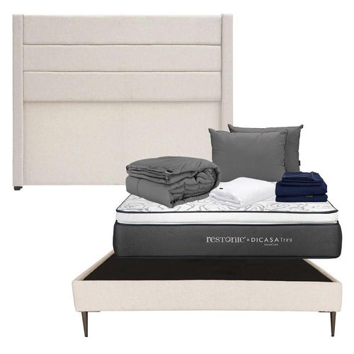 Cabecera King Size Lugo Beige+Base Slim +Colchón Trini + Blancos D CZD