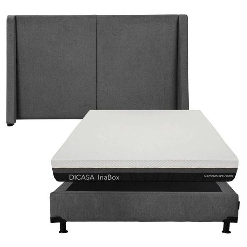 Cabecera Queen Size Milan Gris + Box Rivo + Colchón Dicasa lnaBox CZD