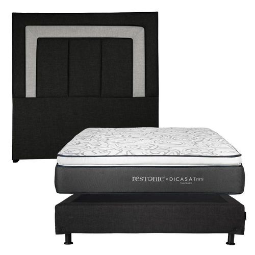 Cabecera Matrimonial Bora Negro-Gris + Box + Colchón Dicasa Trini CZD