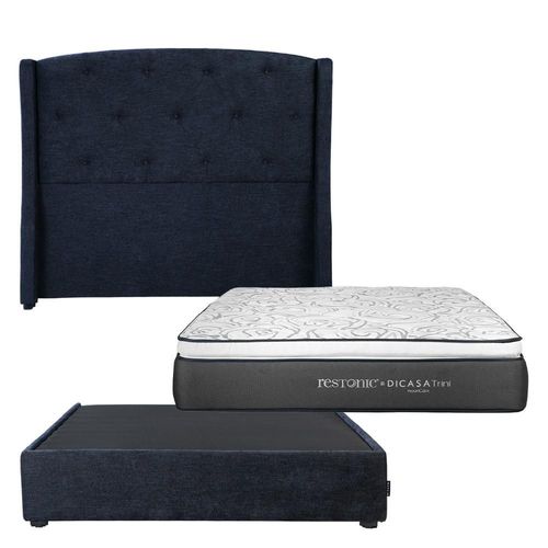 Cabecera Queen Size Zefyr Azul + Base cama Nizzo + Colchón Trini CZD