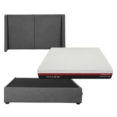 Cabecera Queen Size Milan Gris + Base cama Riva + Colchón Roll CZD
