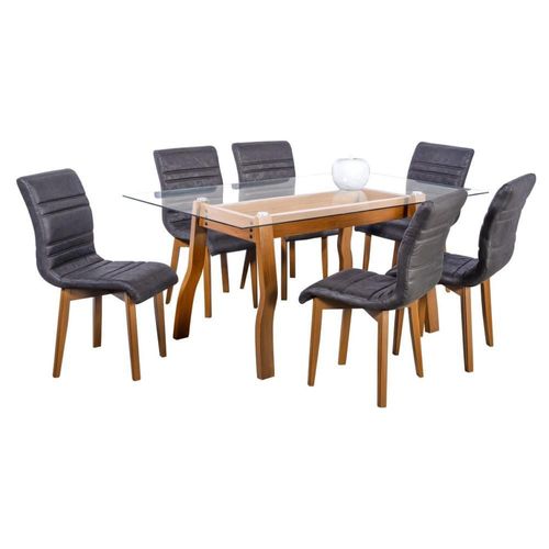 Comedor Parma Negro 6 Sillas Rectangular Madera y Cristal