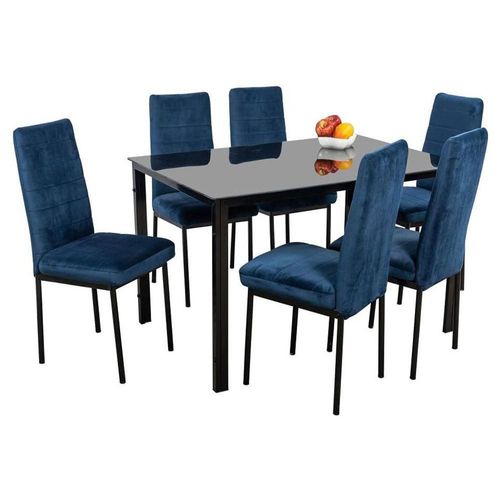 Comedor Troya 6 Azul Sillas Tubulares y Cubierta de Cristal